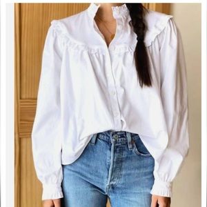 Emerson Fry Elodie Blouse Cotton Poplin White Peasant Ruffle Button Front Medium